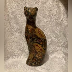 Vintage Tall Decoupage Ceramic Kitty Cat Figurine Statue Paisley Design
